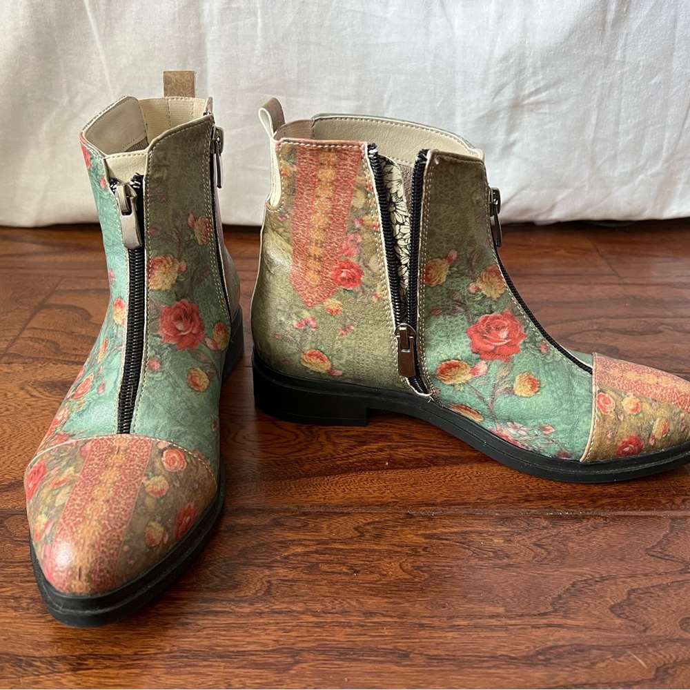 Booties covered with flowers in green, red, tan, yellow. Perfect for all seasons